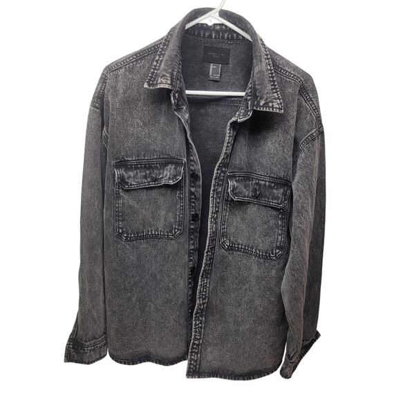 Y2K Grunge Black Acid Wash Denim Jean Shacket Forever 21 Men S Like New - Picture 3 of 7